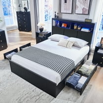 wow97e Queen Size Bed Frame with 50" Tall Storage Headboard, Wooden Platform Bed Frame with 4 Drawers, LED Lights, Charging Station, No Box Spring Needed, Black