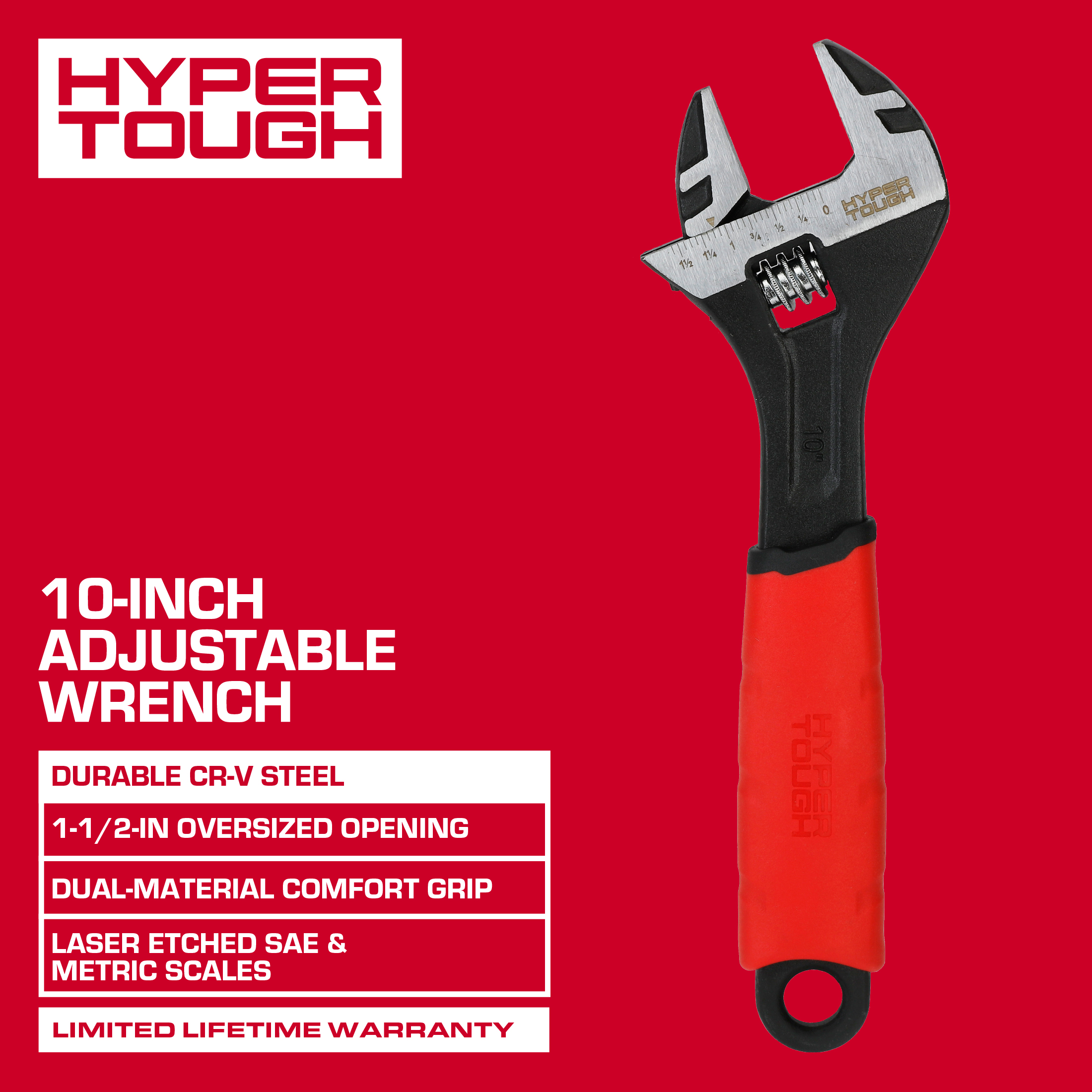 Llave Ajustable de Mandíbula Ancha de 10 Pulgadas Hyper Tough, Empuñaduras de Confort de Doble Material 2