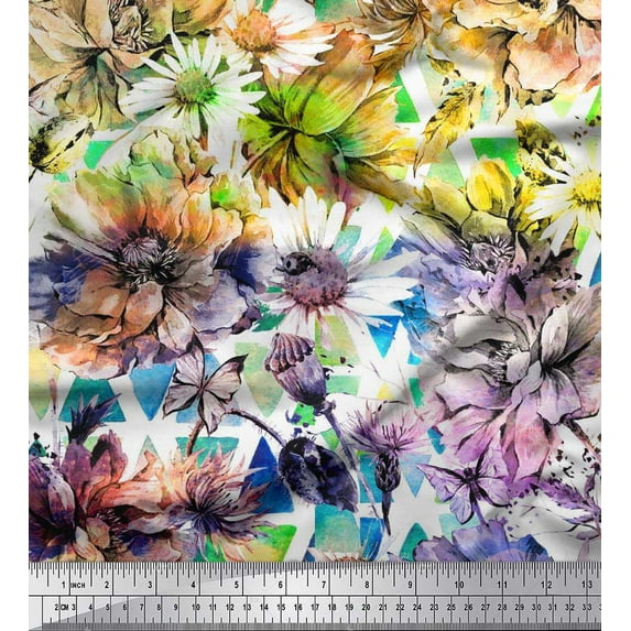 Soimoi Beige Viscose Chiffon Fabric Triangle & Floral Decor Fabric Printed BTY 42 Inch Wide