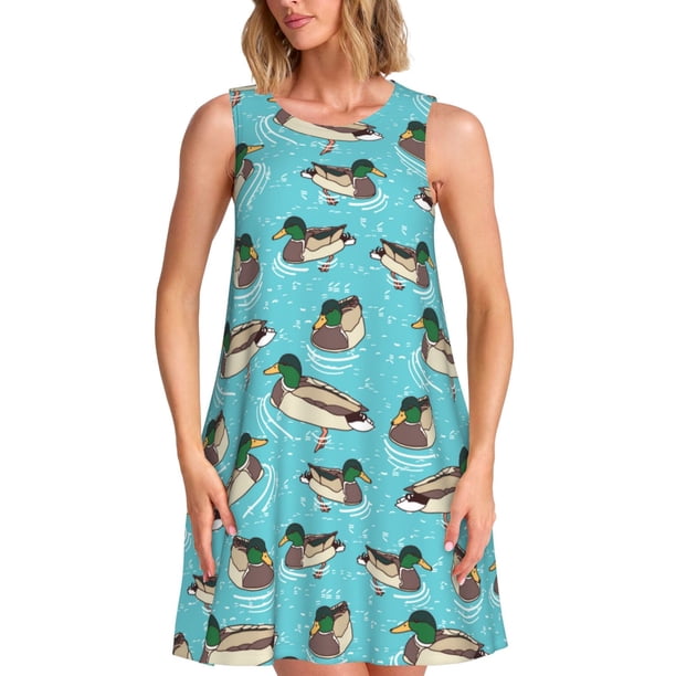Fotbe Mallard Ducks Swimming In The Lake Vestido de Verano sin Mangas para Mujer – Vestido Midi Línea A, Estilo Camiseta Floral, Vestido Playero Casual y Fluido