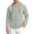 thumbnail image 4 of kosheko Men's Full-Button Textured Linen Hooded Shirt, Adjustable Neck Drawcord, Light Breathable Fabric for Beach Trips Gray XXL, 4 of 7