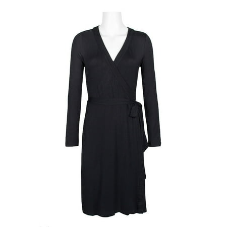 Adrianna Papell V-Neck Long Sleeve Solid Tie Side Rayon Jersey Faux Wrap Dress-BLACK / 16