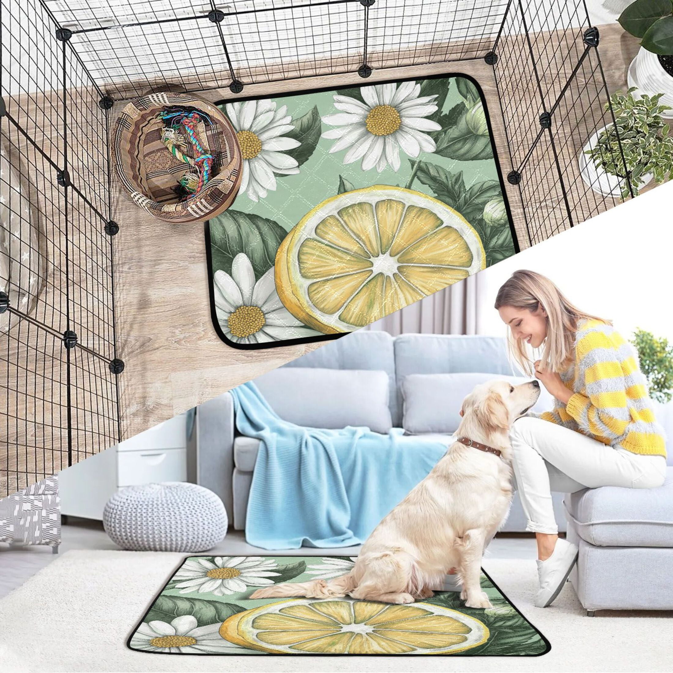 Qxltty White Daisies with Lemons Pattern Cat litter Pads Pet Set of 3 Diaper Mats Center Anti-leakage Layer Absorbent Soft and Comfortable