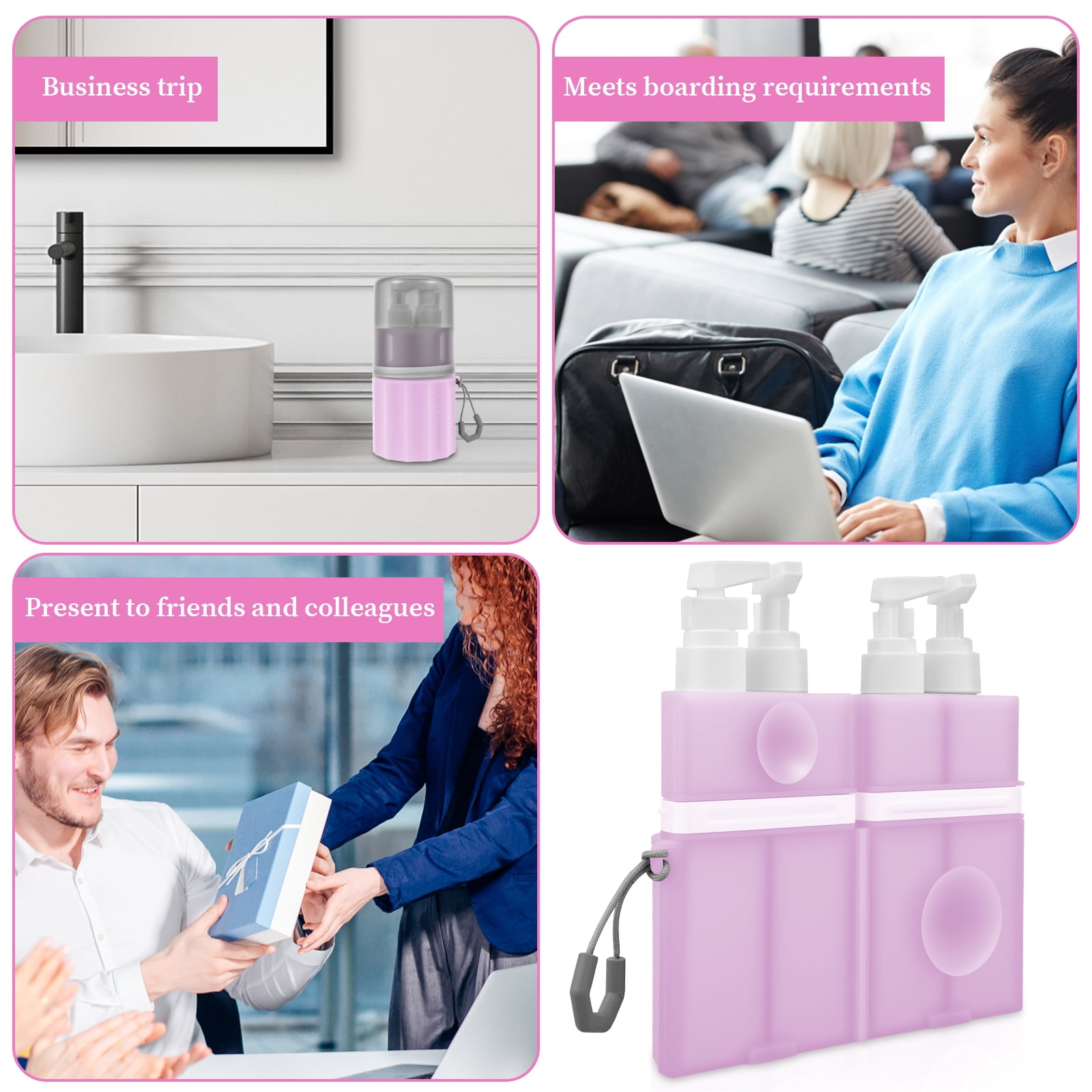NUAHRHY 4-in-1 Travel Toiletry Container, 4 2Oz Leak Proof Travel Bottle Set with Suction Cup for Smooth Wall, Portable Refillable Dispenser Bottle for Shampoo Conditioner Body Wash Lotion