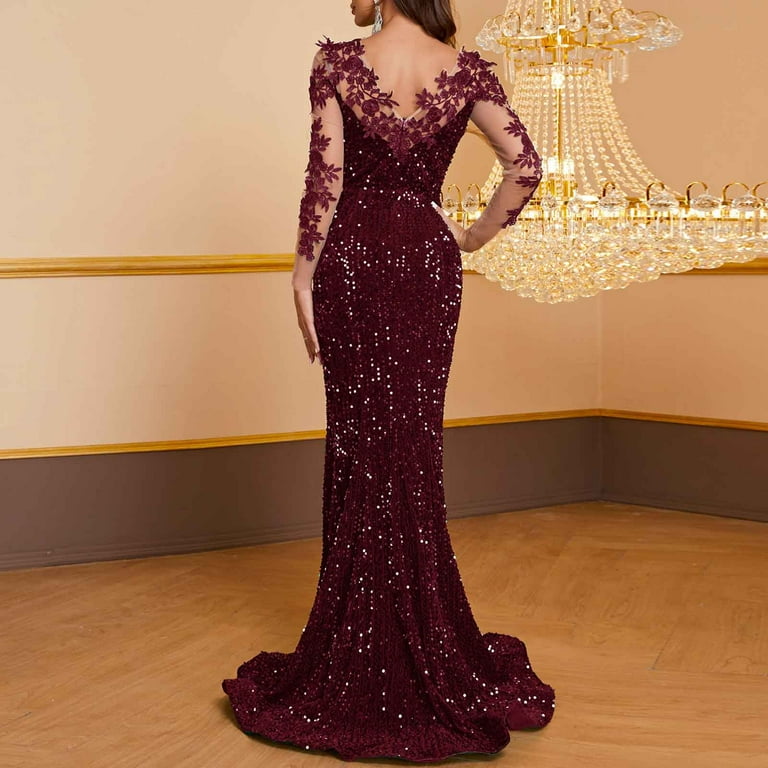 Cavosen Formal Dresses for Women Evening Party Red Sequin Lace Elegant Long Sleeve Long Dress Party Dress Crew Neck Glitter Sparkly Floor Length Maxi