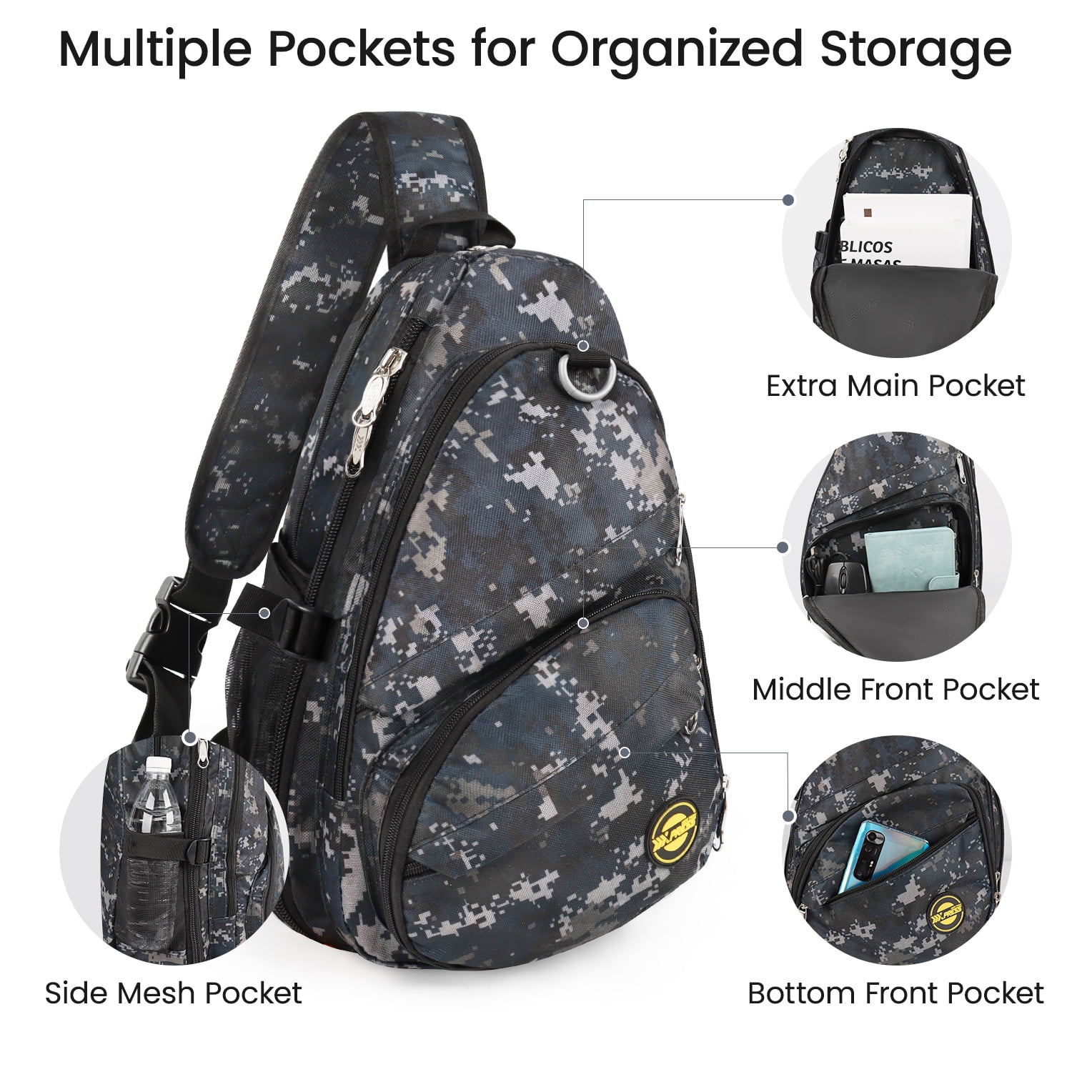 New York Xpress Camo Sling Bag Expandable 14–25L Daypack for Travel Hiking Cycling, Navy,118