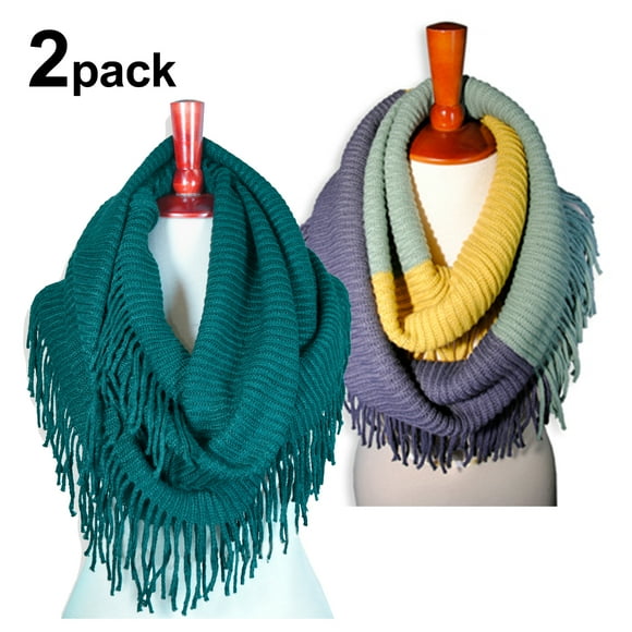 BASICO 2PK Warm Knit Winter Scarfs for Women Multi color 6 and Dark Teal Infinity Scarf Circle Loop Scarves
