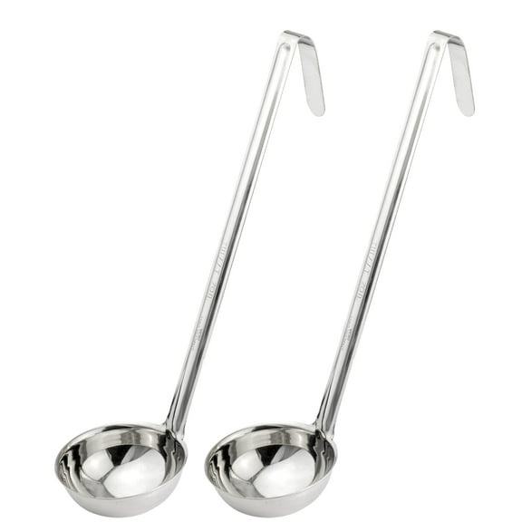 [2 Pack] 6 Oz Stainless Steel Soup Ladle - One-Piece Sauce Spatula with Hook Handles, Commercial Grade Serving Spoon, Kitchen Tool for Restaurant or Home Cooking, Mirror Finish, 14.25" Long