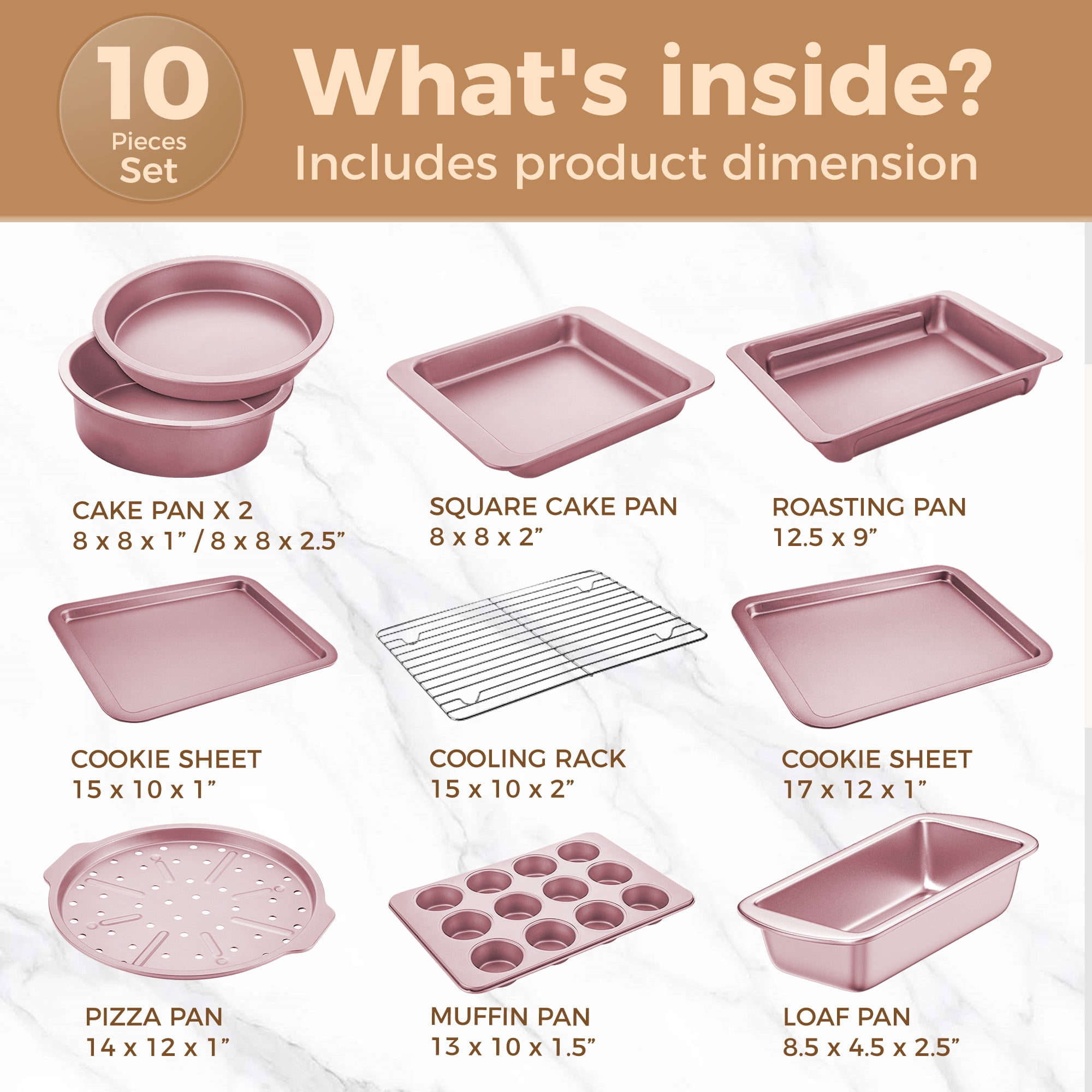 HONGBAKE 10-Piece Nonstick Carbon Steel Bakeware Set, Baking Pan Set with Baking Sheets, Cake Pans, Loaf Pan & Muffin Pan, Pink