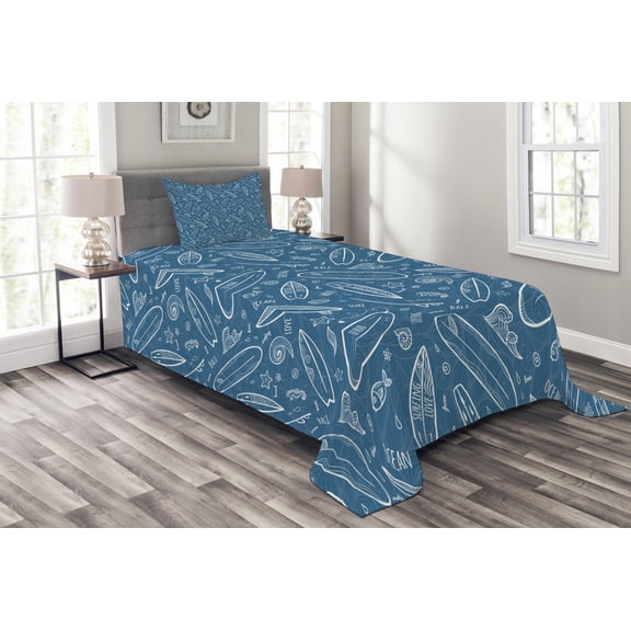 Ambesonne Surfboard Quilted Bedspread Set 2 Pcs, Ocean Waves Doodle, Twin Size, Blue White