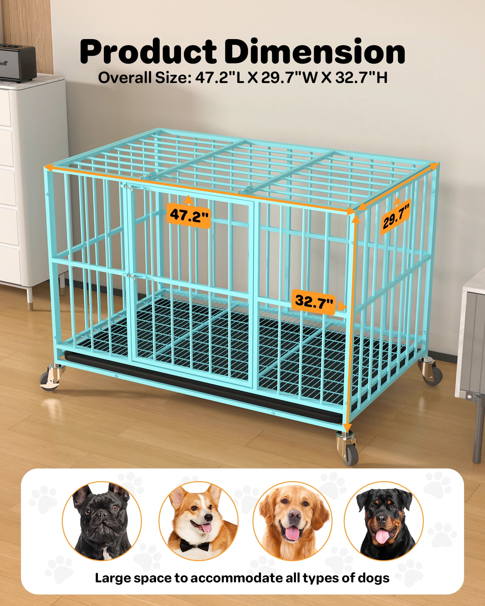 TIME RAY 48 Inch Heavy Duty Indestructible High Anxiety Dog Crate Cage for Large Dog with Steel Escape Proof, Double Doors,Lockable Wheels and Removable Tray,Blue