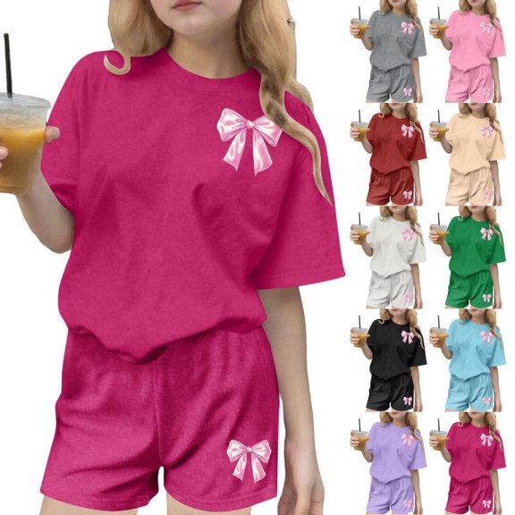 BXSRUTA Kids Girls Summer 2 Piece Outfit Round Neck Short Sleeve T Shirt and Shorts Set Soft Breathable Casual Everyday Wear
