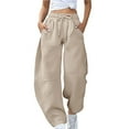 thumbnail image 2 of FUNUONY Womens Wide Leg Barrel Pants Elastic High Waisted Trousers Loose Casual Palazzo Pants with Pockets Cropped Relax Fit Trouser Ankle Pants Sports Pants Curved Wide Leg Pants Sweatpants Beige L, 2 of 9
