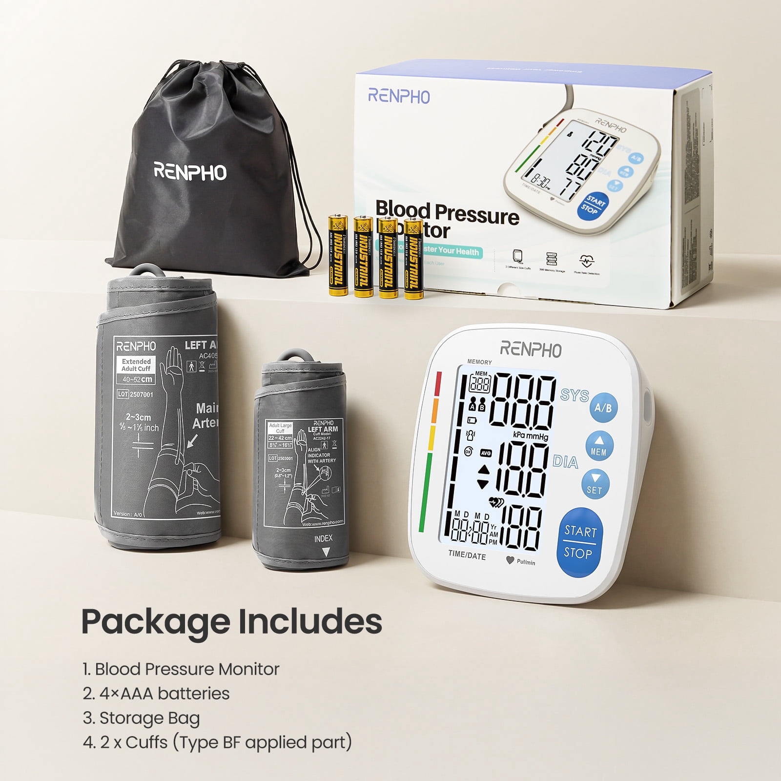 RENPHO Blood Pressure Monitor for Home Use, 9-17" & 16-21" Extra Large Blood Pressure Cuff, Upper Arm Blood Pressure Machine with 2x199 Reading Memory, Fsa Hsa Eligible, LCD Display