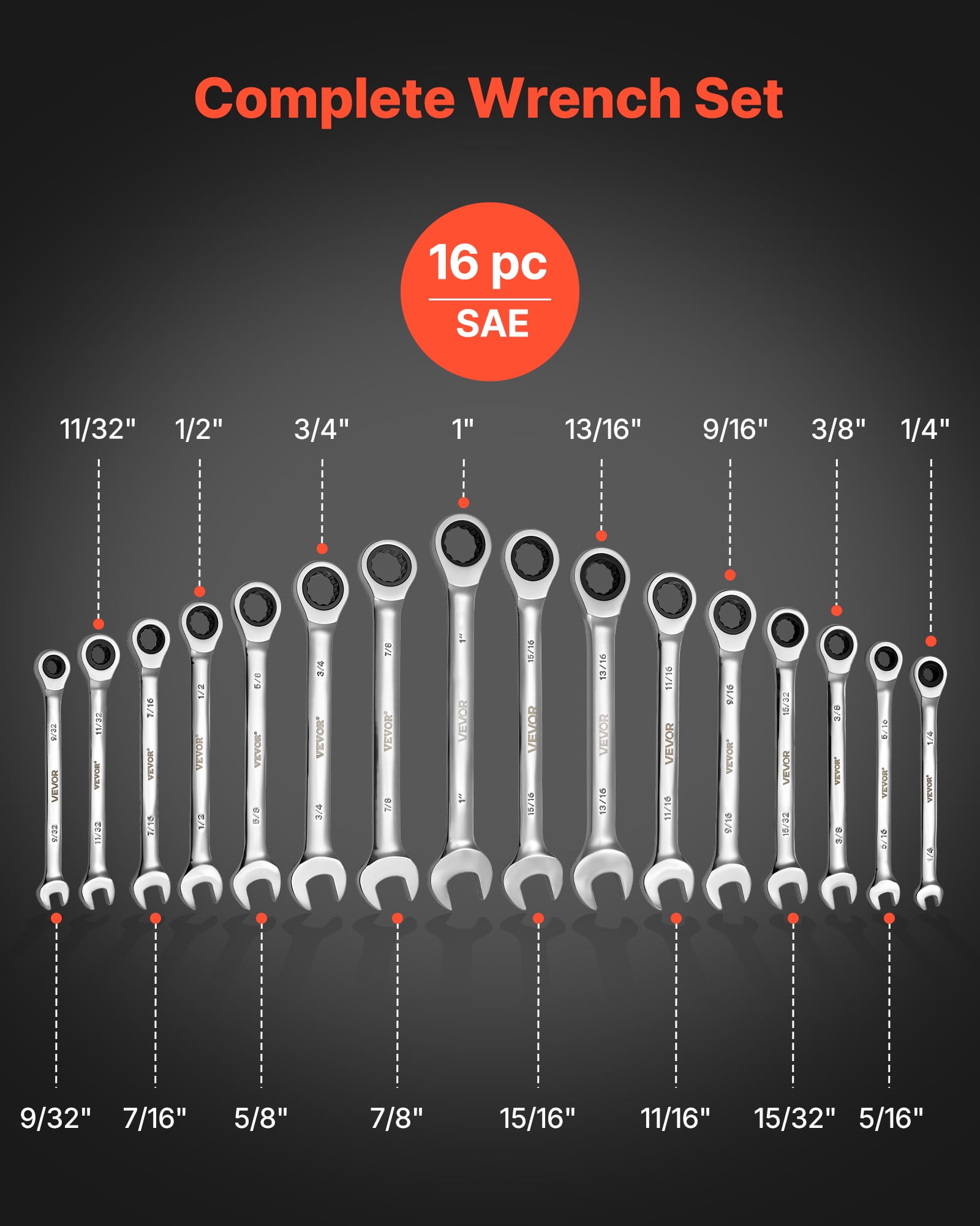 VEVOR Combination Wrench Set, 16-Piece SAE Sizes, 72 Teeth, Cr-V Steel Ratcheting Wrench Set, with Roll Up Pouch, Open End, Clear Size Labels, for General Household and Automotive Repairs, Silver