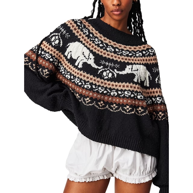 FAROOT Chandail en Tricot pour Femmes Manches Longues Col Rond Éléphant Chandail Chaud pour Automne Hiver