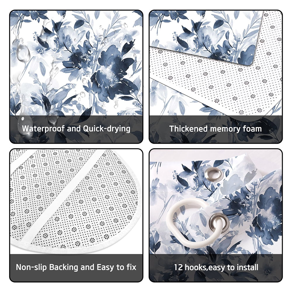 4pcs Navy Blue Watercolor Ink Floral Shower Curtain Set with Hooks