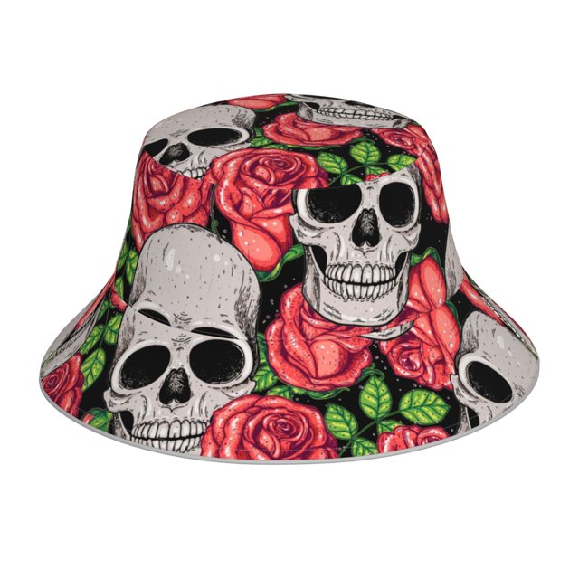 Fotbe Skull and Roses Sombrero Tipo Pescador con Estampado – Sombrero de Sol de Algodón de Moda para Playa, Golf, Pesca
