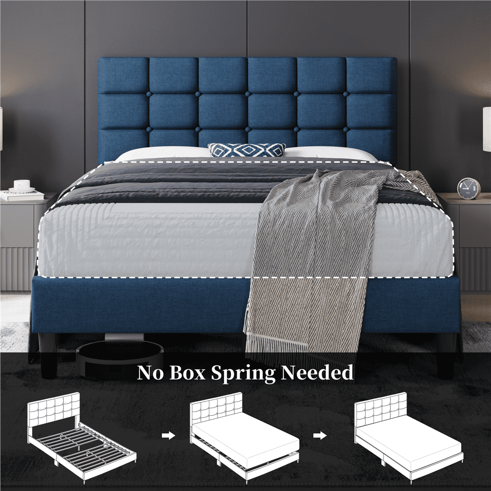 Fullfurnique Cadre de Lit Capitonné avec Tête de Lit à Capitonnage Carré, Full, Bleu marine