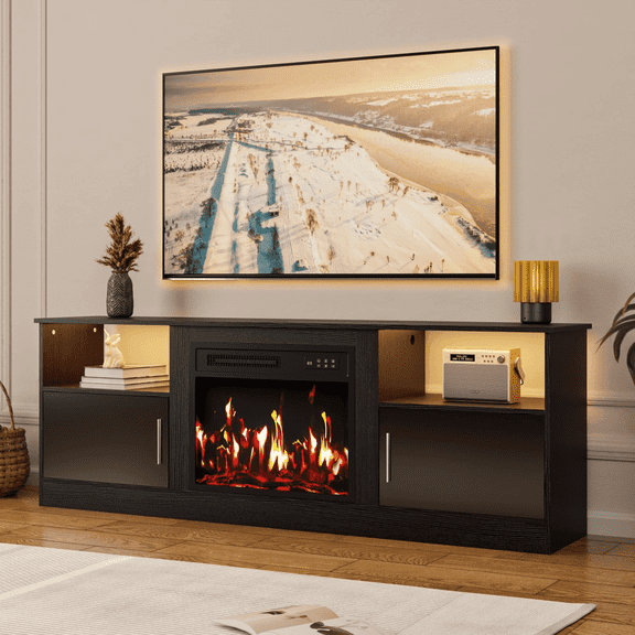 Waleaf 70" Fireplace TV Stand with 23" Electric Fireplace, LED Lighted Entertainment Center, Adjustable Flame LED Color for TVs up to 80", Black