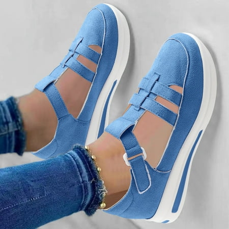 

XIAQUJ Ladies Fashion Solid Color Hollowed Out Flock Hook Loop Thick Sole Casual Sports Shoes Women s Fashion Sneakers Blue 9(42)