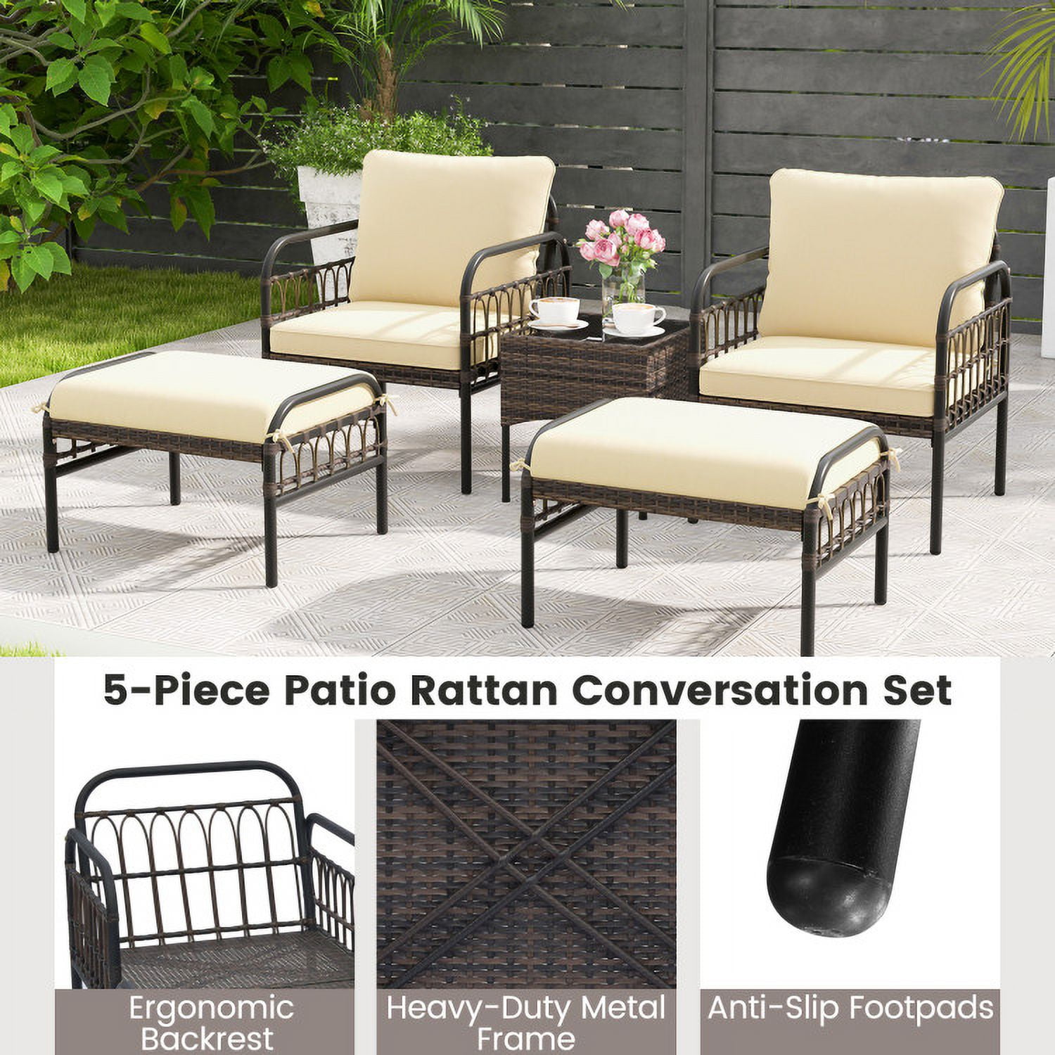 Aimee Lii 5-Piece Wicker Conversation Set with Cushions, Outdoor Patio Furniture, Beige Aimee Lii 5-Piece Wicker Conversation Set with Cushions, Outdoor Patio Furniture, Beige