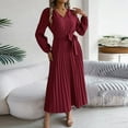 thumbnail image 5 of Women's Elegant Long Sleeve Pleated Midi Dress with Belt V-Neck Button Down A-Line Dress for Formal and Casual Occasions, 5 of 5