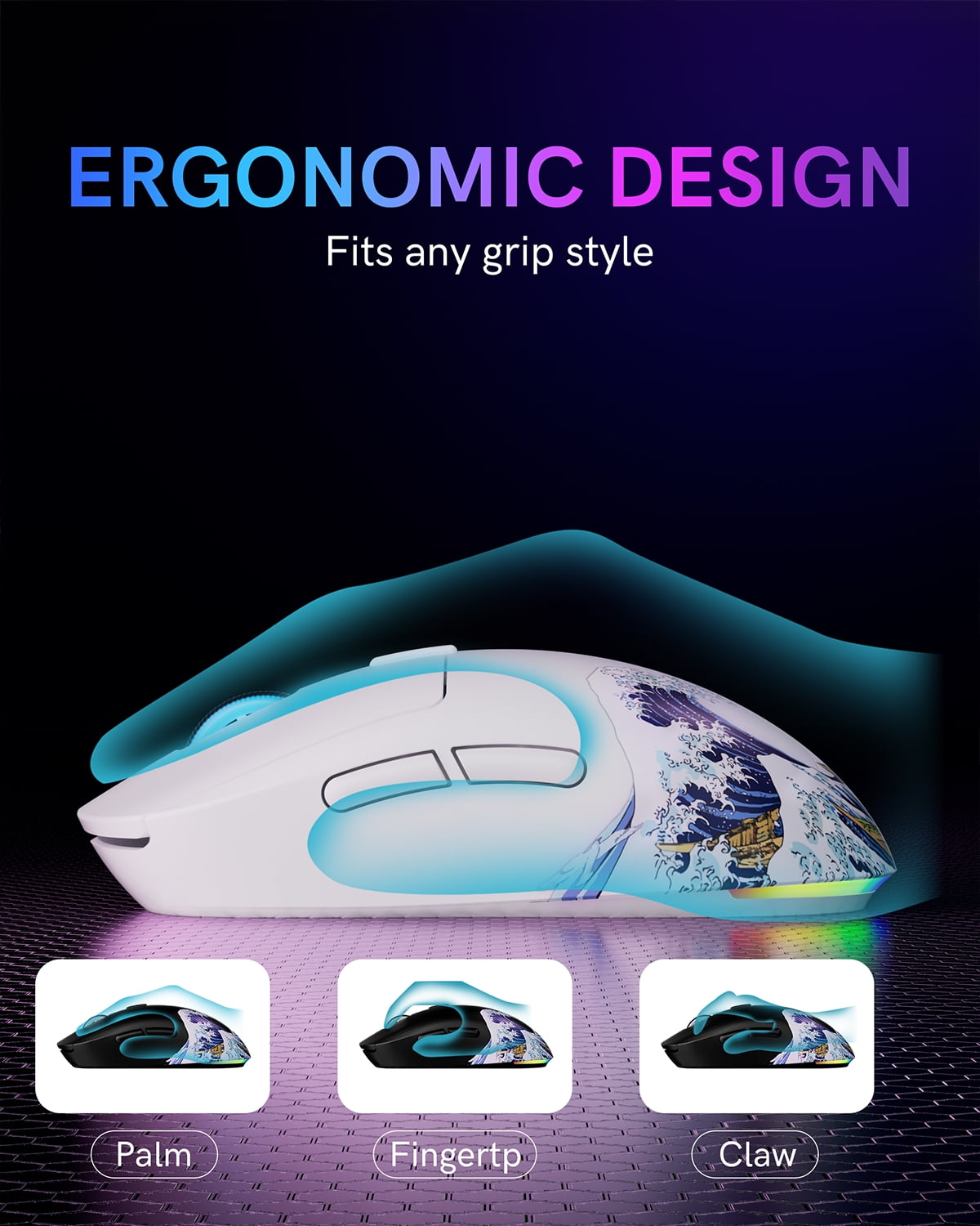 G57 Wireless Gaming Mouse, 8000 DPI, 80g, 2.4G/Bluetooth/USB-C Rechargeable Wireless Mouse with 5 Programmable Buttons for PC/Mac, White