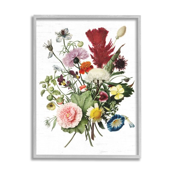 Stupell Industries Wild Botanical Bouquet Vintage Illustration over White Country Painting Gray Framed Art Print Wall Art, 11 x 14, Design by Lettered and Lined