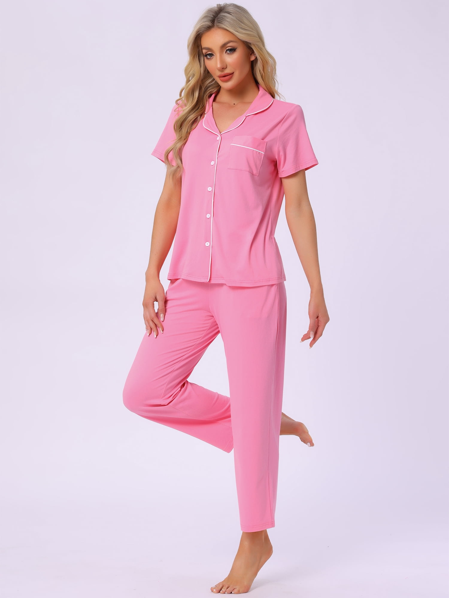 DARING DIVA Women's Pajama Set Button Down Soft Short Sleeve Long Pants M Light Pink