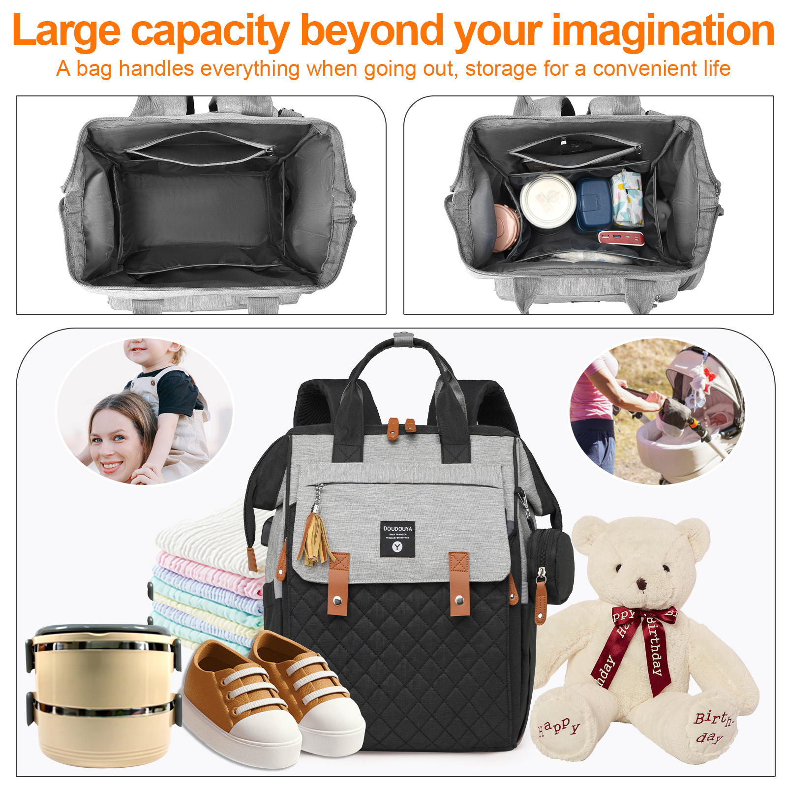 Eurhowing Baby Diaper Bag Backpack for Mom & Dad, Large Capacity Baby Bag with Stroller Straps & Insulated Pocket, Waterproof Diaper Backpack for Travel, Black