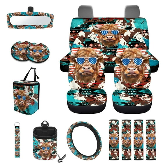 Xoenoiee Highland Cow American Flag 15 Pack Car Seat Cover Full Set with Steering Wheel Covers Auto Seatbelt Pads Cup Coaster Trash Can Air Vent Holder Rear View Mirror Cover Coasters Keychain