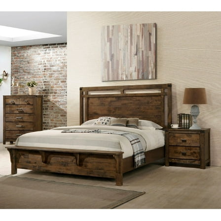 3pc Contemporary Rustic Finish Queen Size Bedroom Set Bed Chest Nightstand Solid Wood Furniture
