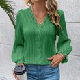 thumbnail image 6 of AXXD Women Blouses Green Basic 2024 Fall Solid Color Long Sleeve V-Neck Lace Splicing Hollow Bubble Sleeve Shirt, 6 of 6