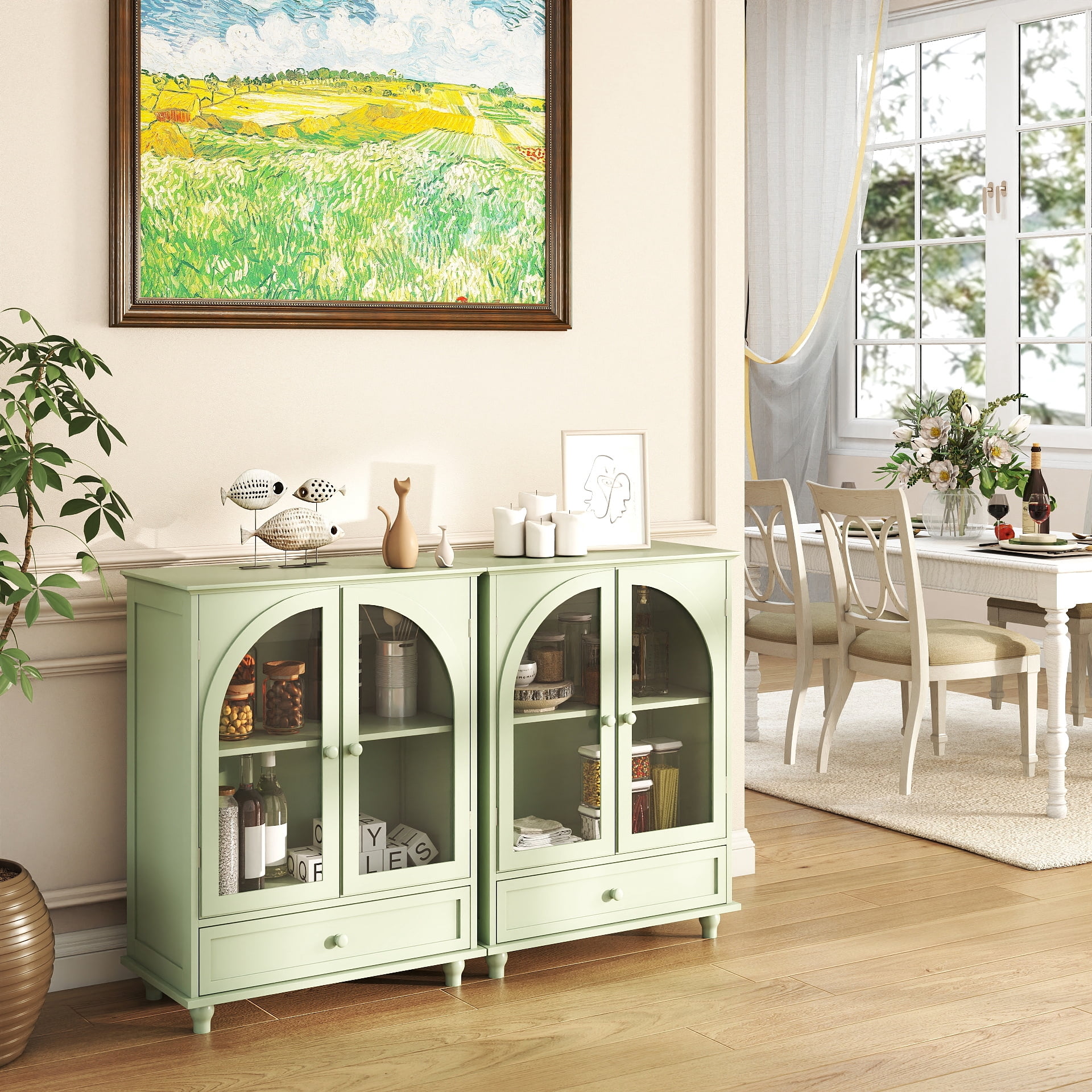 Farmhouse Sideboard with Double Arched Glass Doors, Green Storage Cabinet with Tiered Top & 1 Drawer for Kitchen, Living Room, Coffee Bar