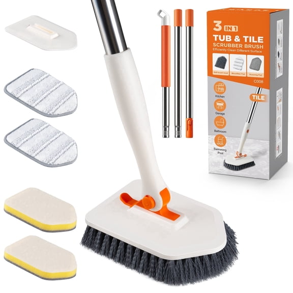 3-in-1 Bathtub Scrubber Brush, Adjustable Handle Multi-Surface Cleaning Brush, Detachable Replacement Heads Scrub Brush for Bathroom  bathtub