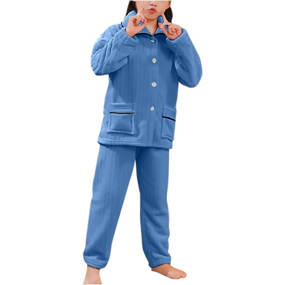 Mikilon Kids Winter Coral Fleece Pajama Sets Size 1-12 Years Solid Color Thicken Button Down Outfit Sets
