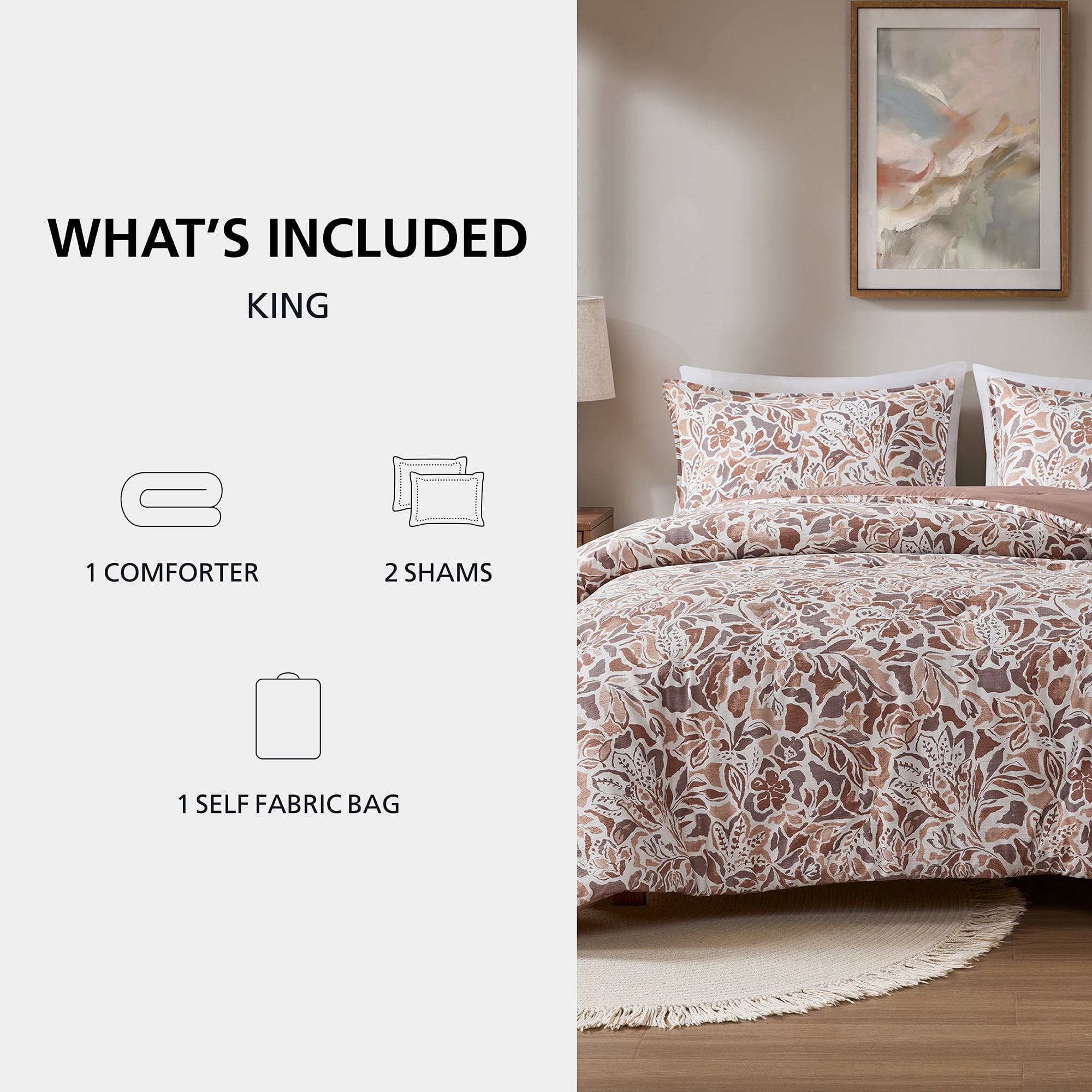 Mainstays King Comforter Set, All-Season, 3-Piece, Textured Modern Floral