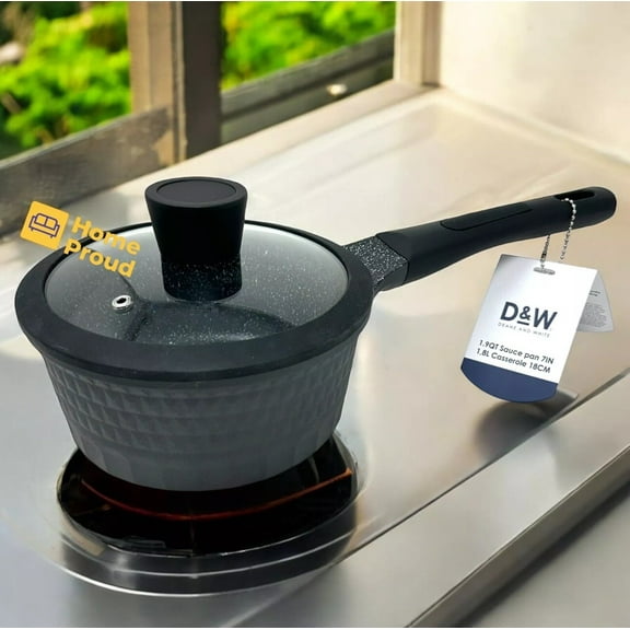 Premium Saucepan Casserole NonStick With Lid 7 inch 1.9 Qt Black Deane&White New