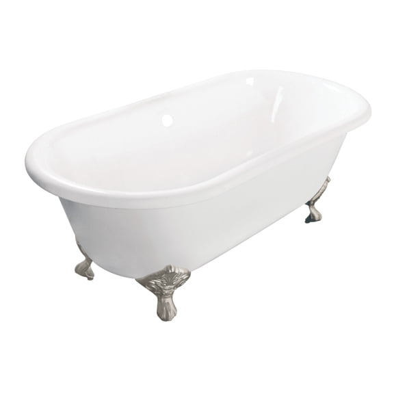 Aqua Eden VCTND603017NB8 60-Inch Cast Iron Oval Double Ended Clawfoot Tub (No Faucet Drillings) in White/Brushed Nickel