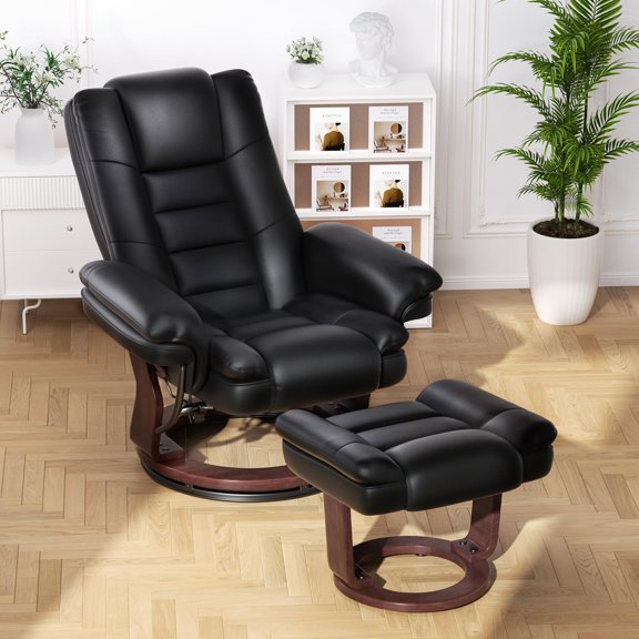 PU Leather Recliner Chair with Matching Ottoman, 360° Swivel Recliner with Footrest Armrest Backrest & Thick Padded Cushion, Modern Recliner with Wood Base For Living Room, Bedroom, Office