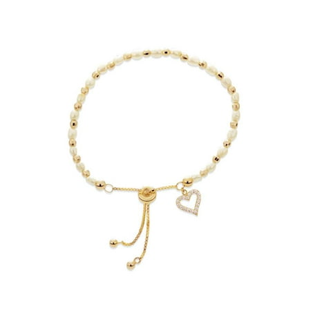 Freshwater Coin Pearl Bracelet 18k Gold Over Sterling Silver Freshwater Pearl And Created White Sapphire Adjustable Bracelet 10 Inches ()