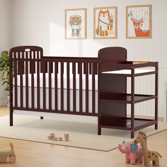 Conchico 3-In-1 Convertible Crib and Detachable Changer, New Zealand Pinewood Baby Crib, Toddler Daybed Bed with 3 Heights, Non-Toxic Finish, Easy to Assemble, Espresso