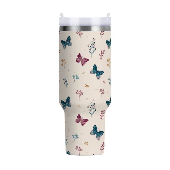 40 oz Tumbler With Handle Stainless Steel Insulated Tumbler With Lid for Car Cup Holder Simple Butterflies and Flowers