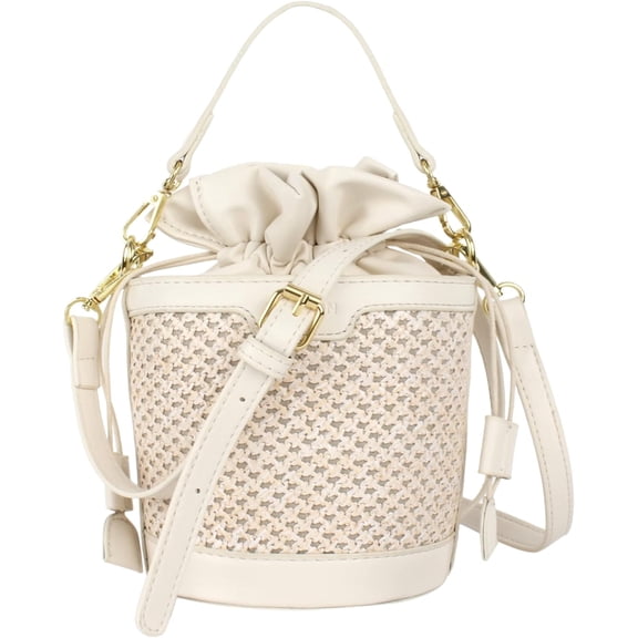 LinYooLi Women Mini Hollow Out Straw Woven Cross-body Bag Top-handle Bag Drawstring Bucket Bag