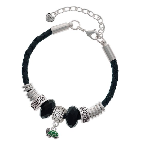 Delight Jewelry Silvertone Mini Green Turtle - Side Coach Celtic Knot Leather Bead Bracelet, 7" 2" Extender