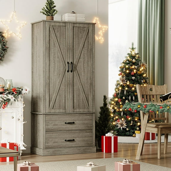 TROPOW Kitchen Pantry Cabinet with Doors and Shelves, Freestanding Tall Kitchen Cabinet with Microwave Stand, Hutch Cabinet for Kitchen, Living Room, Bathroom, Grey