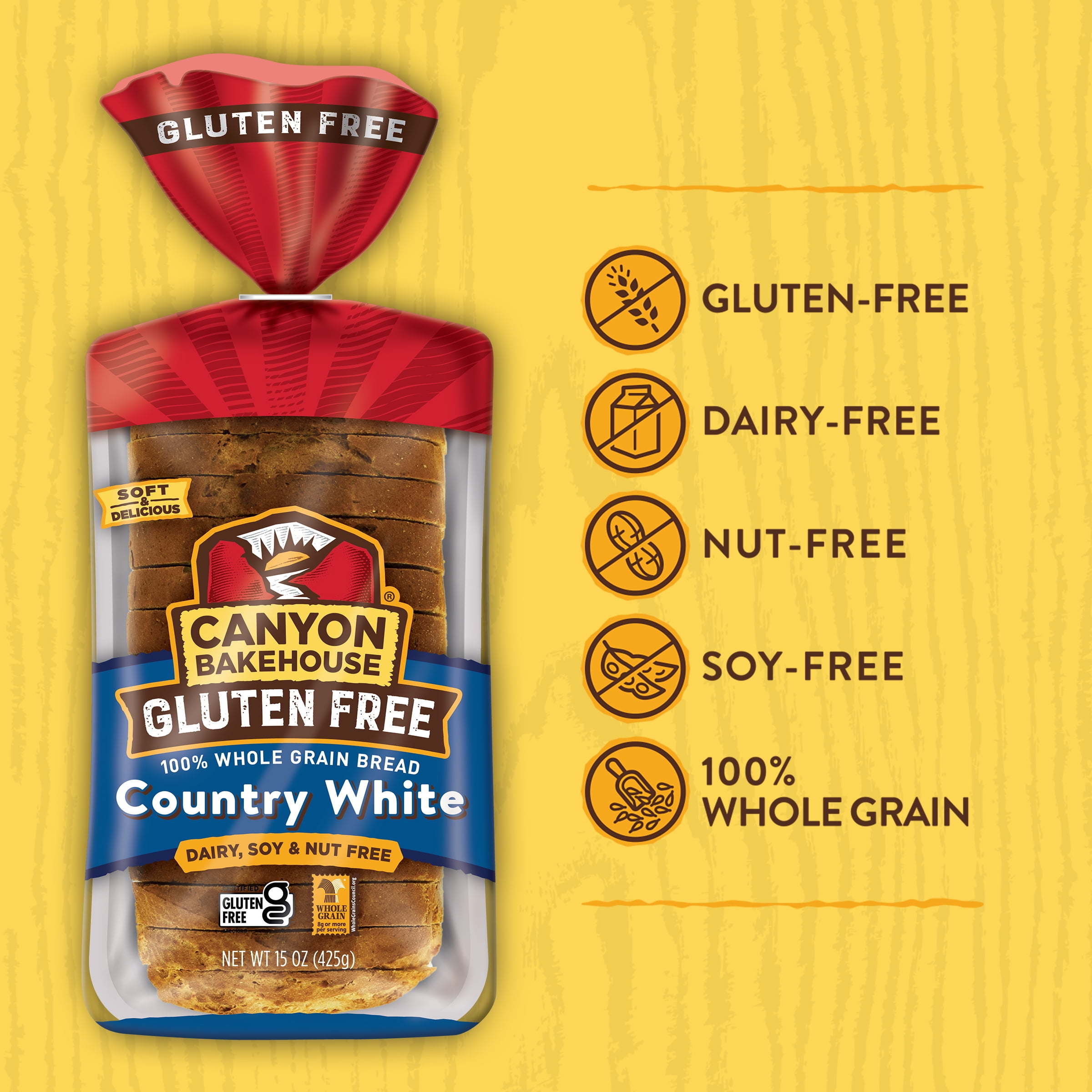 (6 pack) Canyon Bakehouse Country White Gluten Free Bread, 100% Whole Grain Sandwich Bread, Fresh, 15 oz Loaf