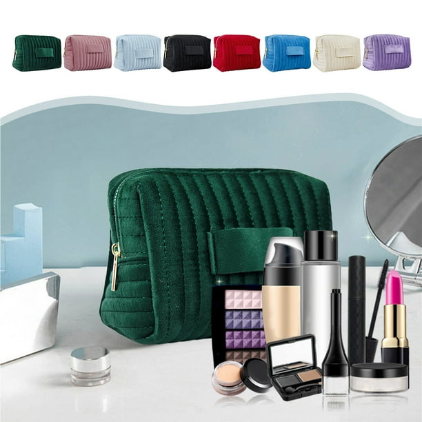 Bolsa de cosméticos de terciopelo bordado | Organizador de maquillaje de poliéster a rayas | Estuche de almacenamiento de viaje impermeable | Compacto 6.7x4.7x3.5 pulgadas | Cierre de cremallera |