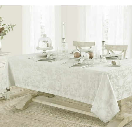 

Newbridge “Christmas Carol” Holiday Noel Damask Tablecloth Holly Leaf and Poinsettia Weave Damask Soil Resistant Wrinkle Free Easy Care Tablecloth 52” x 70” Oblong/Rectangle Ivory